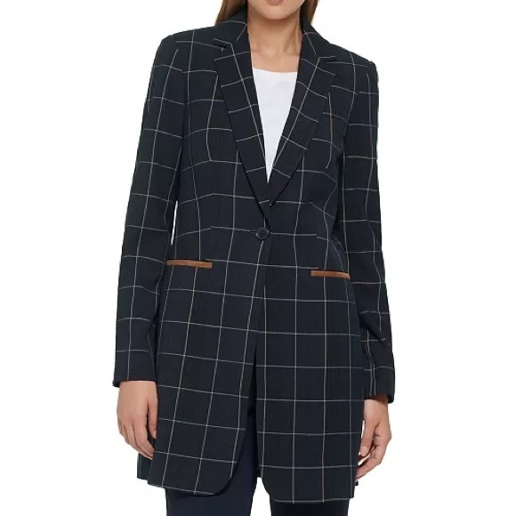 Tommy Hilfiger Window Pane Blazer Long Elbow Patch Equestrian Navy Brown Plaid - Picture 1 of 9